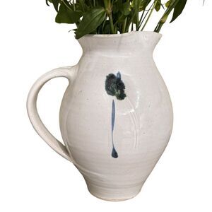 Studio Art Pottery Dimpled Floral Stoneware Pitcher Jug Signed Vase Cream/Blue